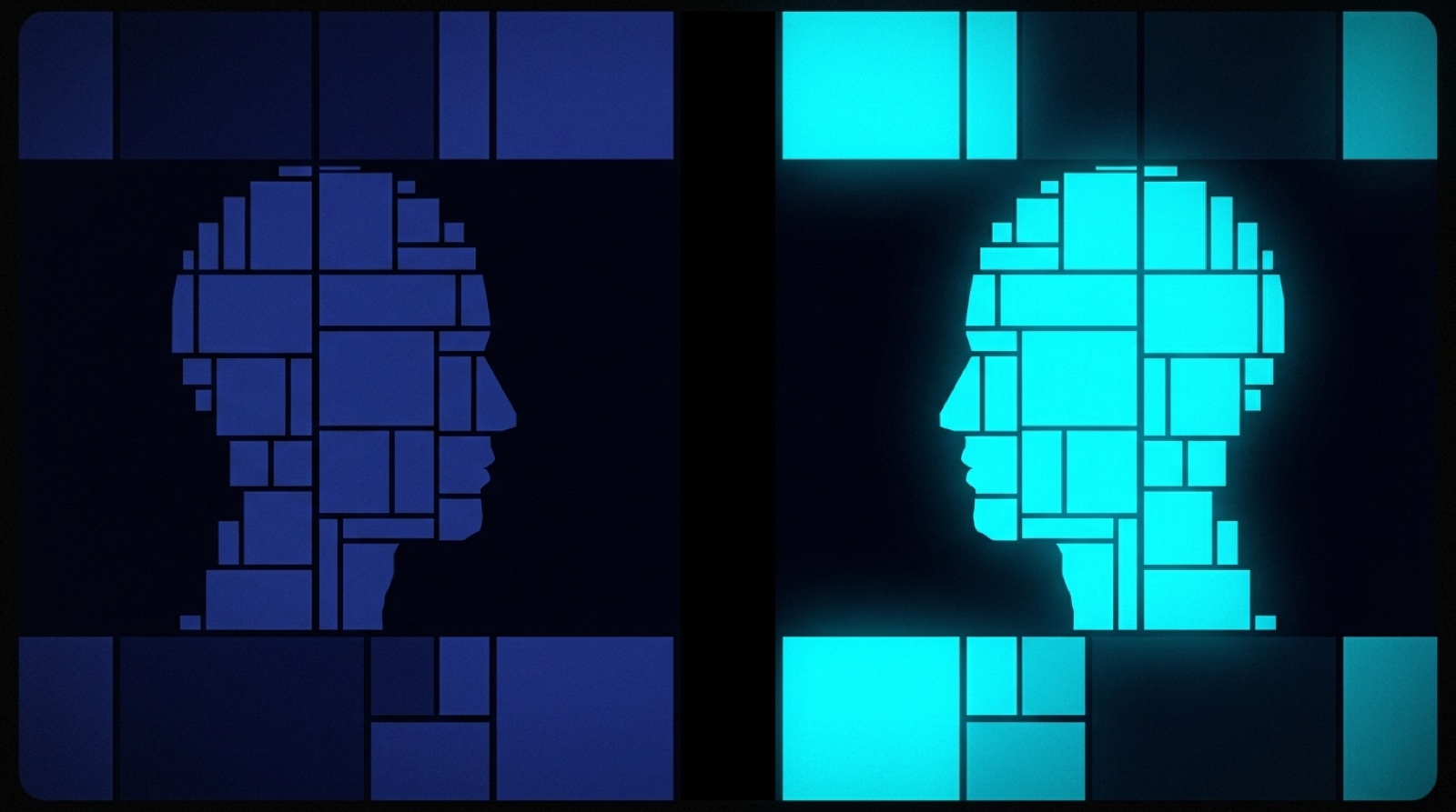 Abstract cyan and deep blue block artwork of a mind and its mirror image