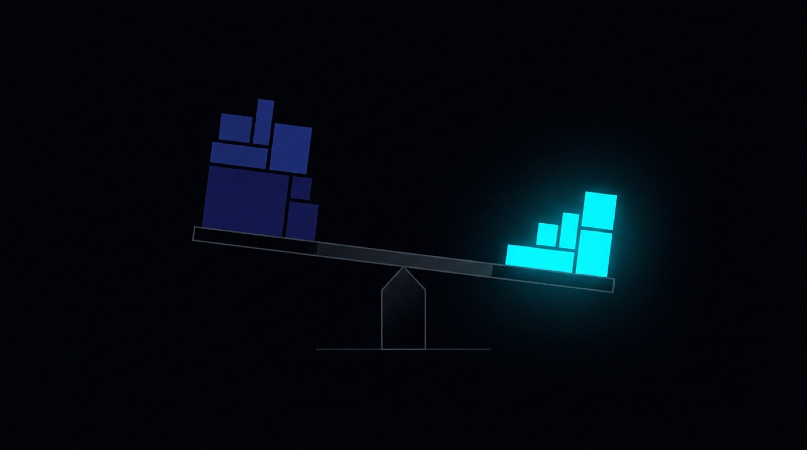 Abstract balance scale weighing deep blue blocks against glowing cyan blocks