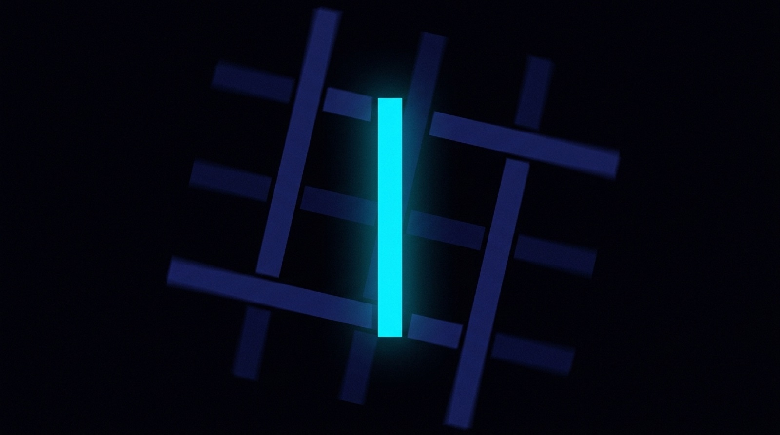 Abstract artwork: one upright cyan rectangle standing among tilted deep blue blocks
