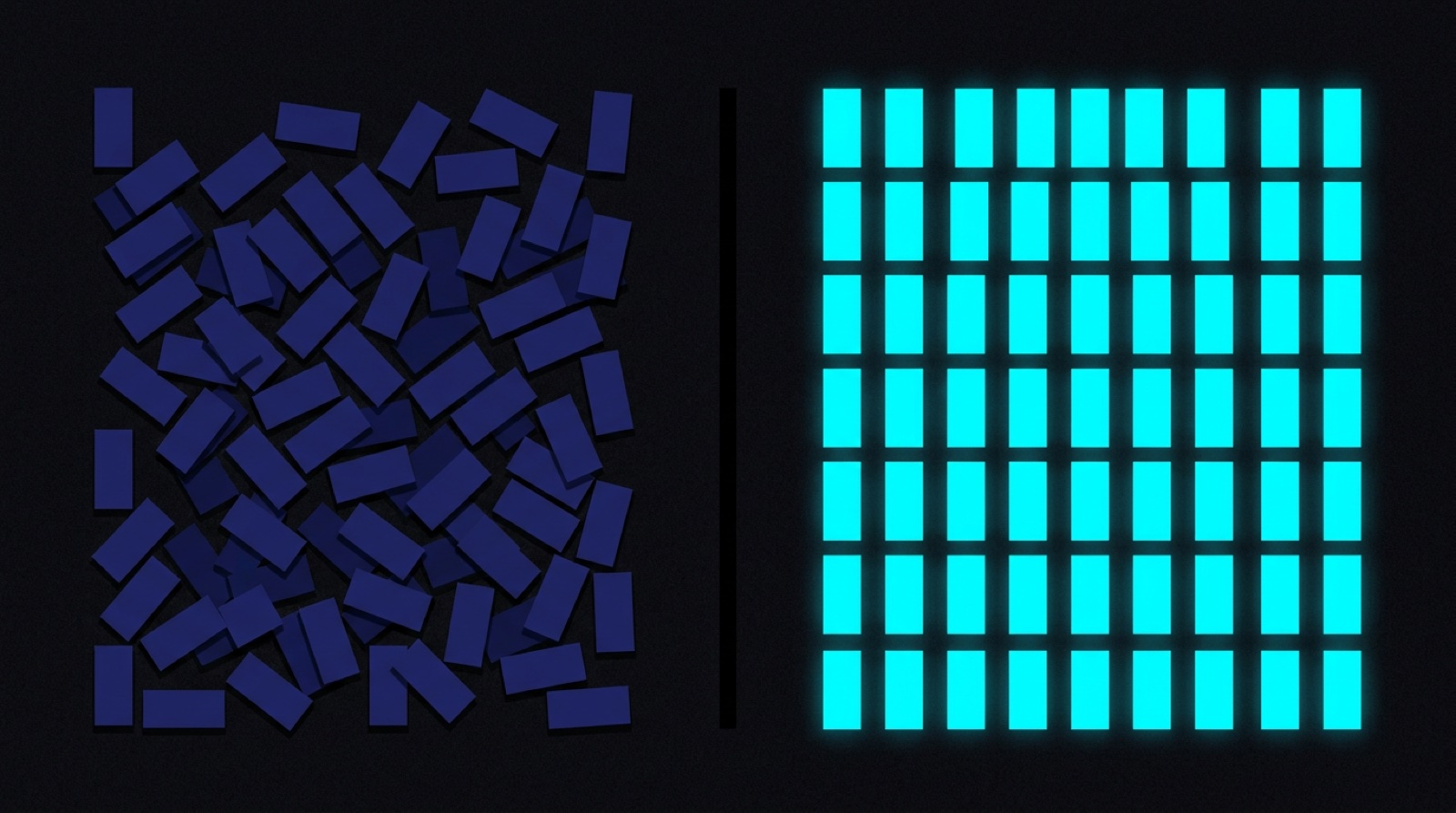 Abstract artwork: scattered deep blue blocks resolving into an ordered glowing cyan grid
