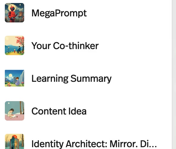 List of assistants including MegaPrompt, Your Co-thinker, Learning Summary, and Content Idea.