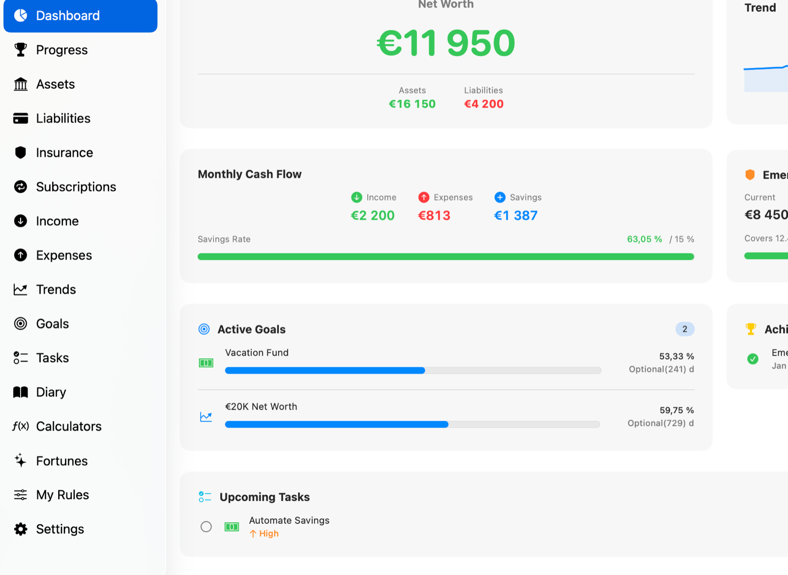 Finance Dashboard net worth overview