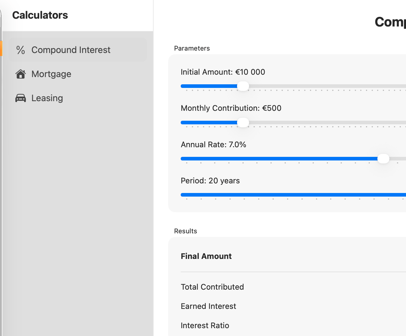 Compound interest calculator with sliders for initial amount, monthly contribution, rate, and period.
