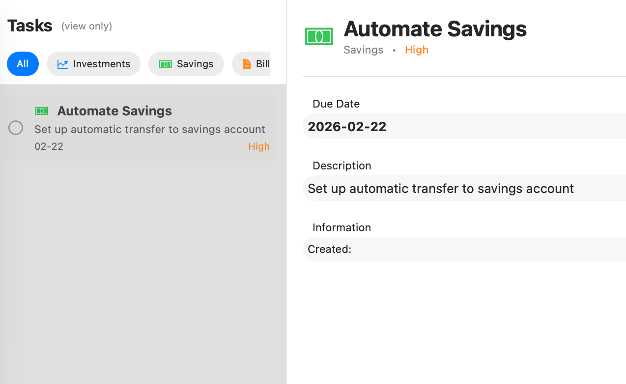 Task list and detail view for a savings task, with due date and priority.