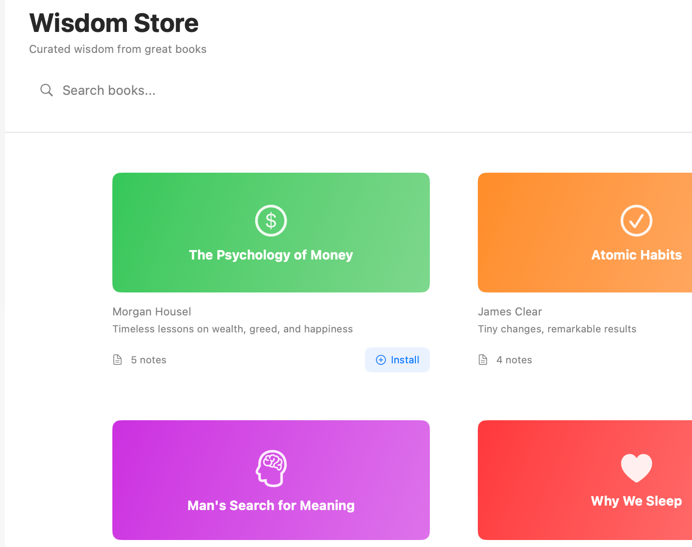 Wisdom Store screen for installing curated highlight packs from books like The Psychology of Money and Atomic Habits.