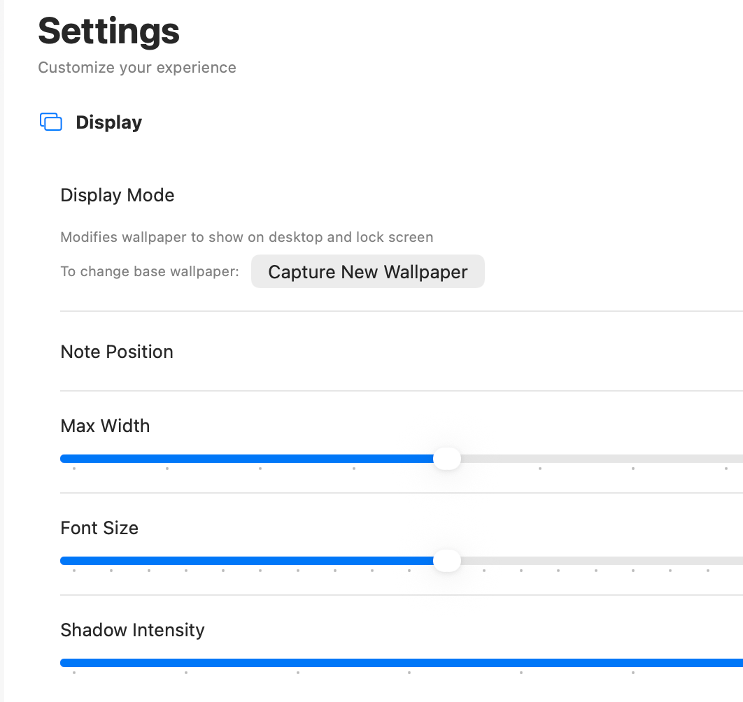 Display settings for how a resurfaced note appears on the desktop wallpaper, including position, width, and font size.