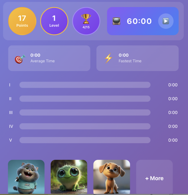 TimeTrophy app dashboard with points, level, and character row